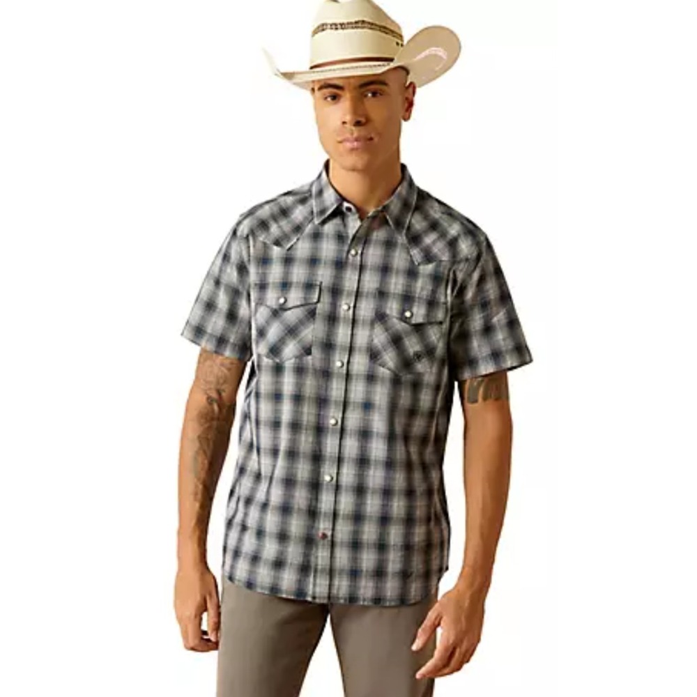 Ariat Haven Retro Fit Shirt Mens Large Navy Plaid Pearl Snap Western Cowboy